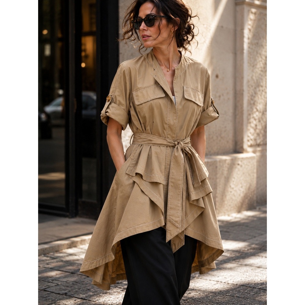 Badgley Mischka 2018 Runway Cotton Short Sleeve Trench Coat High Low Khaki 12